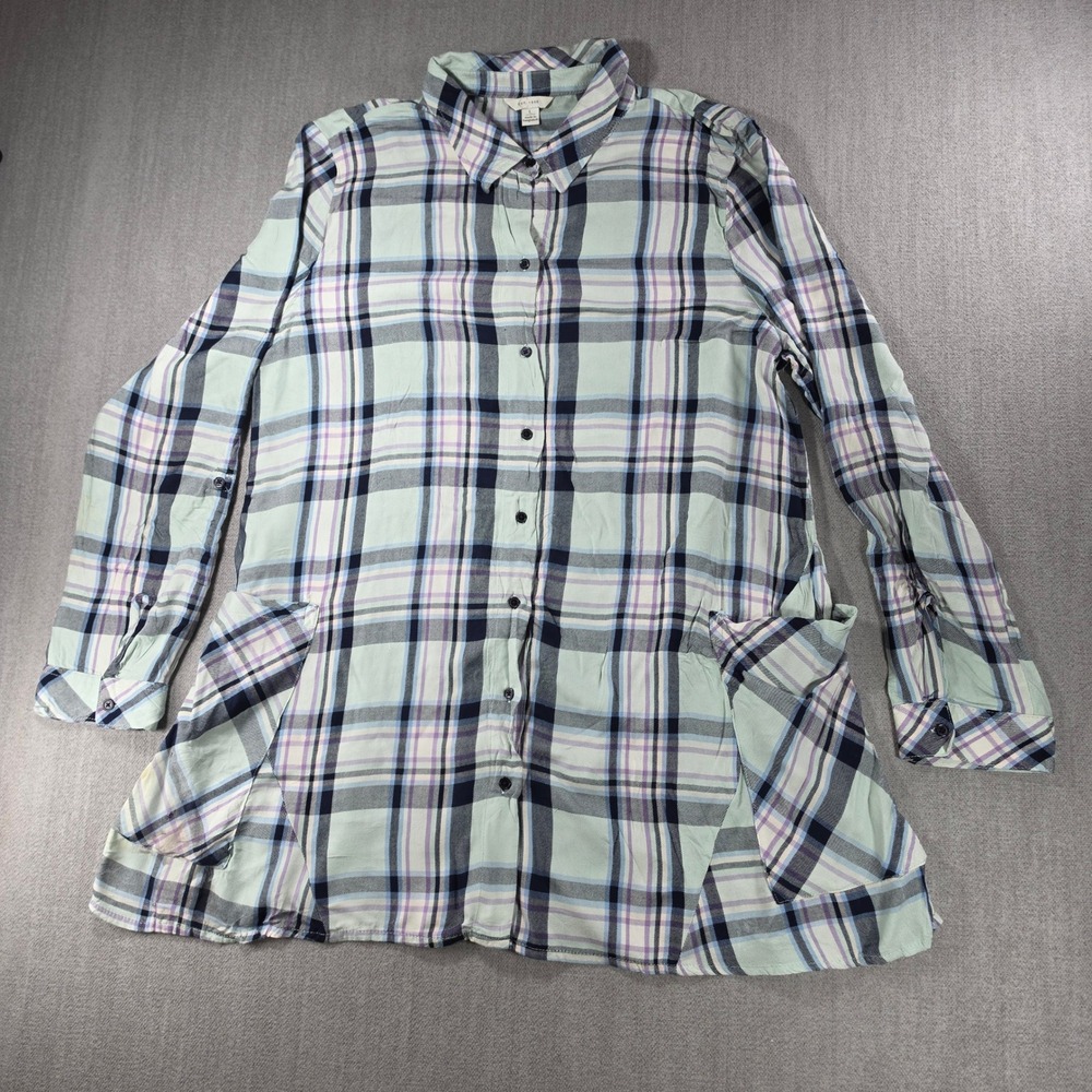 EST 1946 Plaid Tunic Shirt Women Large Green‎ Purple Roll Tab Sleeve Pockets